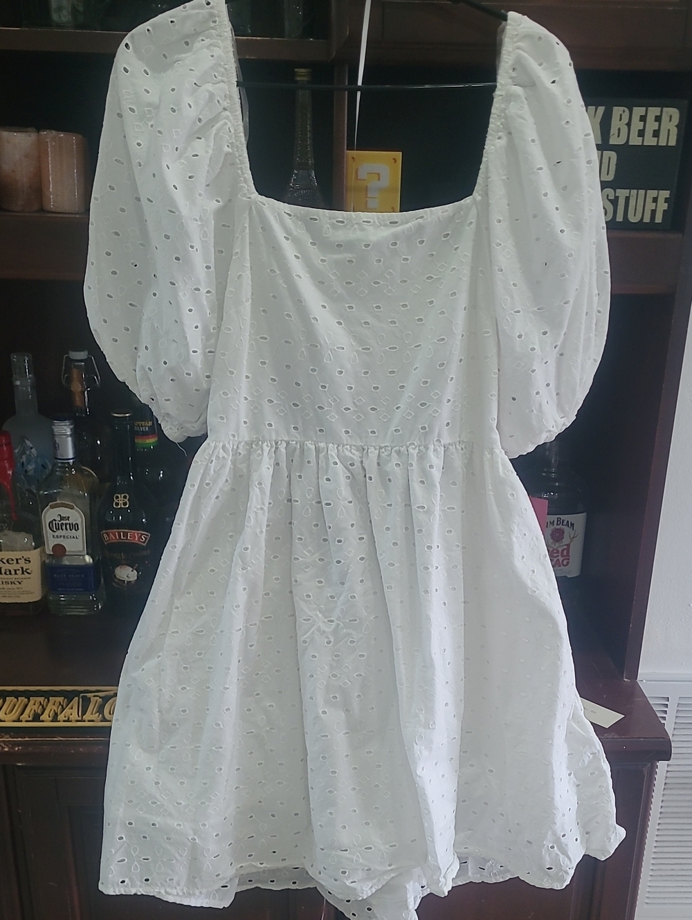 White Eyelet Puff-Sleeve Mini Dress